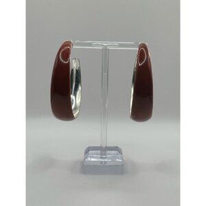 Maroon Silver Open C Hoop Earrings Pierced Post Back Modern Lightweight